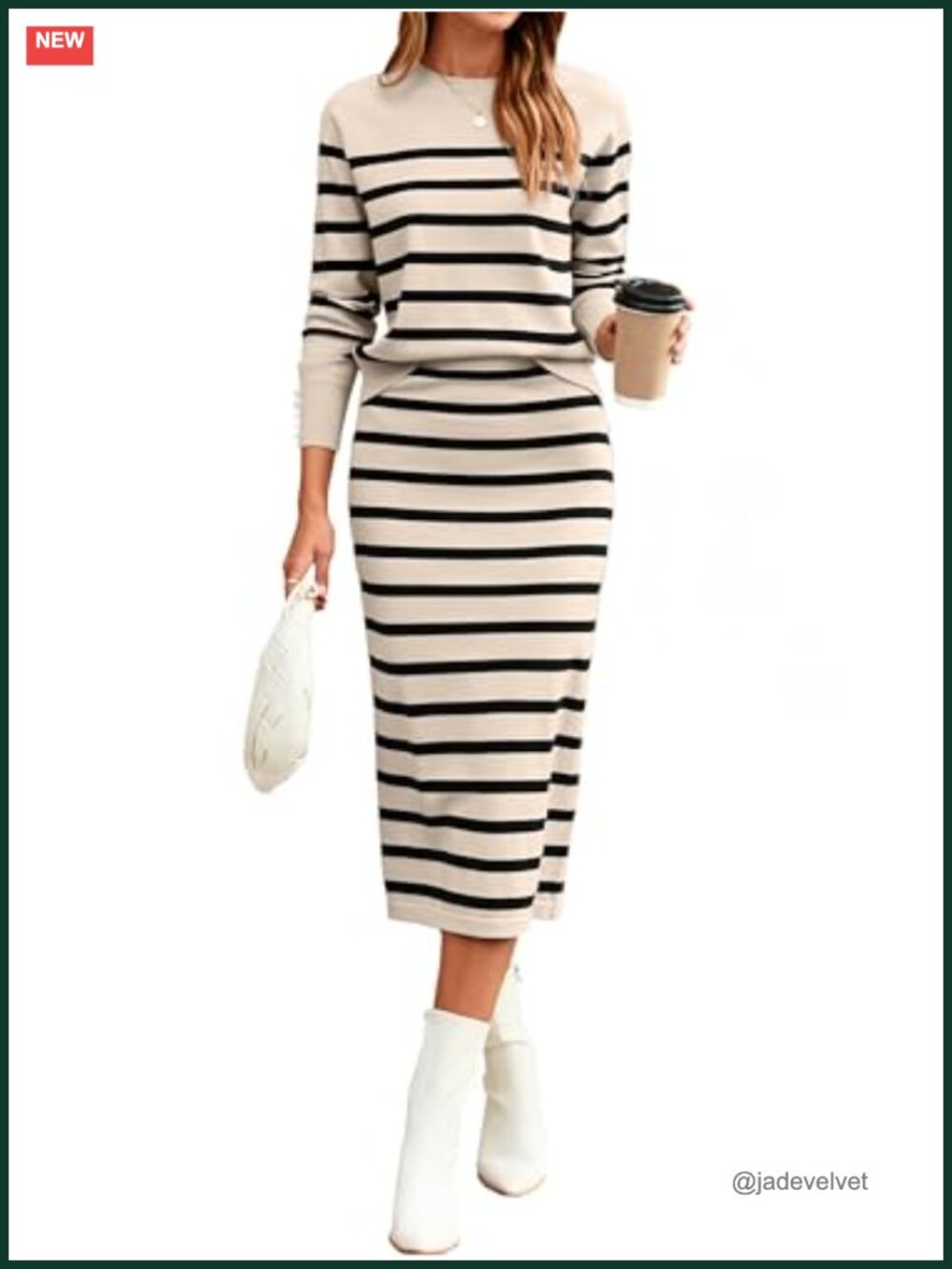 2-Piece Knit Skirt Set Women Striped Lounge Travel Outfit Long Sleeve